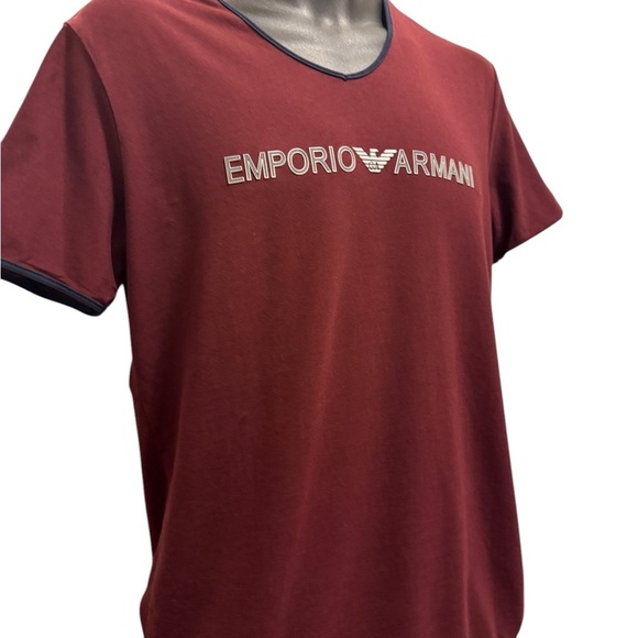 Armani Exchange Men's Slim Fit Short Sleeve Pima Cotton V-Neck Shirt, Burgundy - Picture 2 of 16